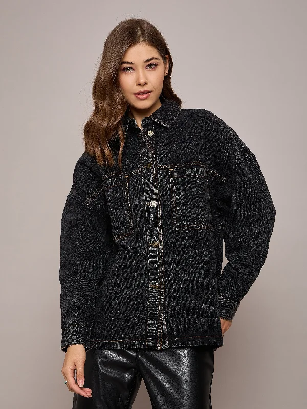 Women Black Denim Oversized Jacket Boat Neck Shawl Collar Notched Collar