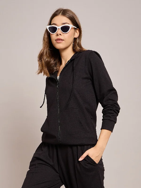 Women Black Terry Hoodie Jacket Notch Collar Jacket Peter Pan Collar Jacket Cowl Neck Jacket