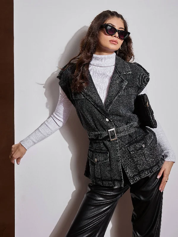 Women Black Washed Pocket Detail Sleeveless Belted Jacket Nylon Fabric Polyester Fabric Spandex Fabric