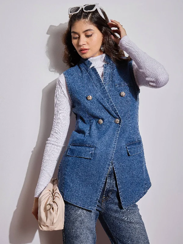 Women Blue Denim Flap Pocket Sleeveless Jacket Herringbone Jacket Houndstooth Jacket Plaid Jacket