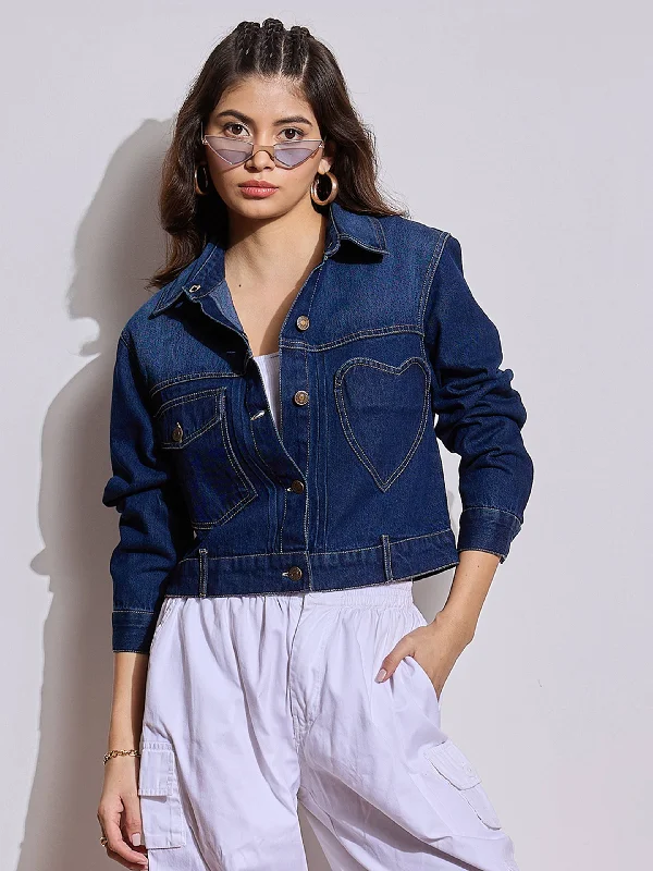 Women Blue Denim Heart Pockets Crop Jacket Quilted Jacket Puffer Jacket Insulated Jacket