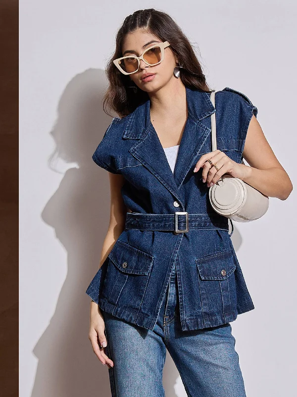 Women Blue Washed Pocket Detail Sleeveless Belted Jacket Notch Collar Jacket Peter Pan Collar Jacket Cowl Neck Jacket