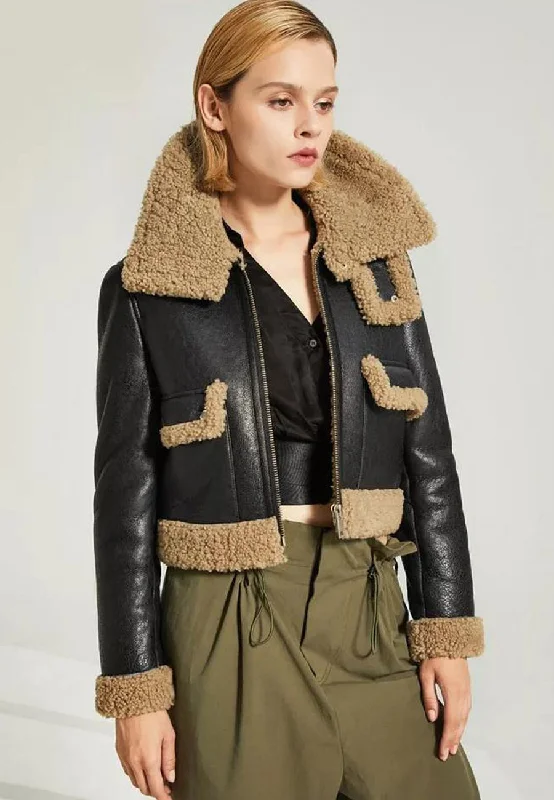 Women’s Black Leather Brown Shearling Big Collared Jacket Herringbone Jacket Houndstooth Jacket Plaid Jacket