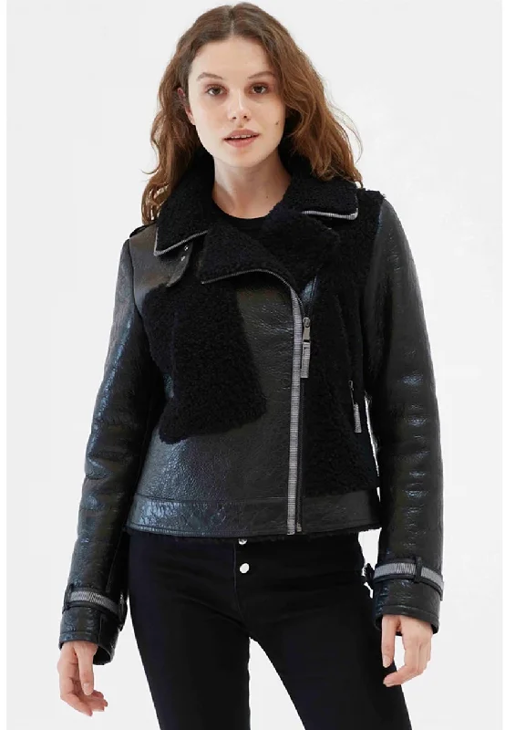 Women’s Black Leather Shearling Jacket Nylon Jacket Polyester Jacket Spandex Jacket