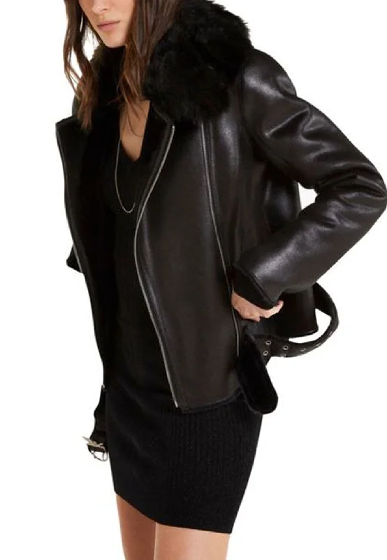 Women’s Black Leather Shearling jacket Knit Fabric Woven Fabric Fleece Fabric