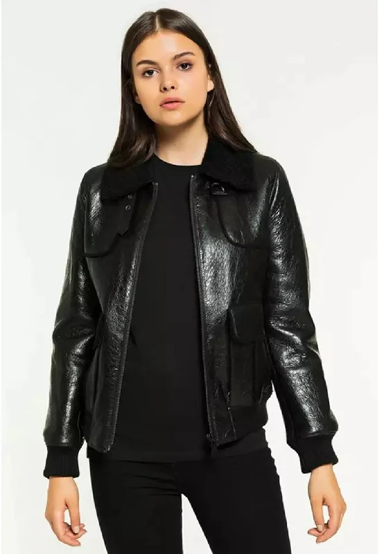 Women’s Black Leather Shearling Jacket Hoodie Zip-Up Jacket Button-Up Jacket