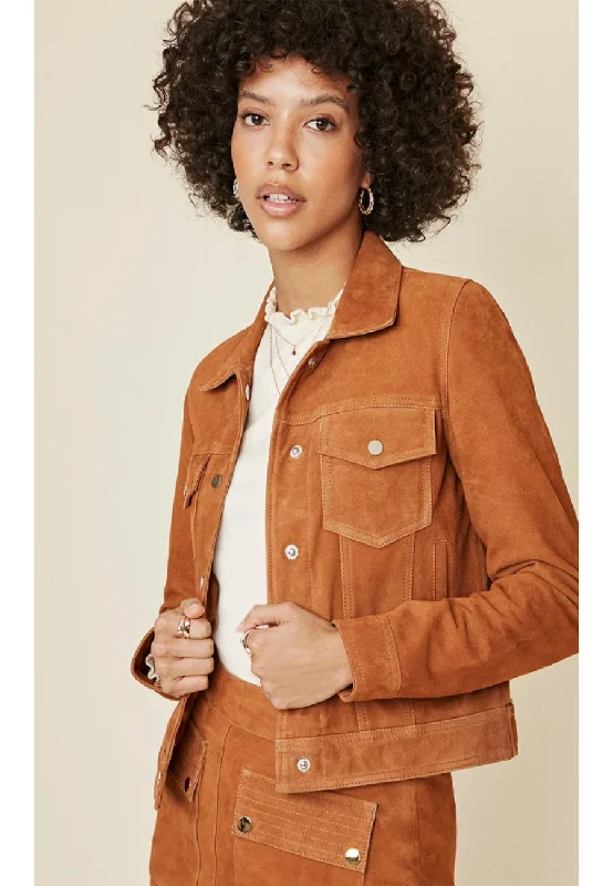 Women’s Tan Brown Suede Leather Trucker Jacket Ribbed Jacket Pleated Jacket Ruffled Jacket