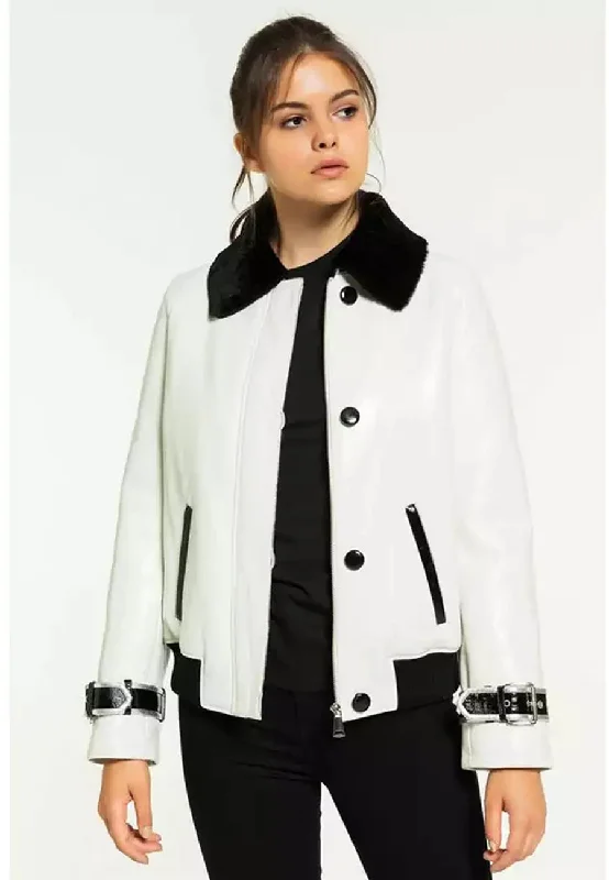 Women’s White Leather Black Collar Shearling Jacket Chenille Jacket Brocade Jacket Lace Jacket