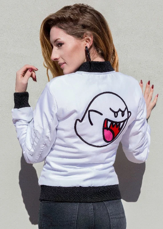 Womens Super Mario Nintendo Boo Bomber Jacket Collared Jacket Crew Neck Jacket Turtle Neck Jacket