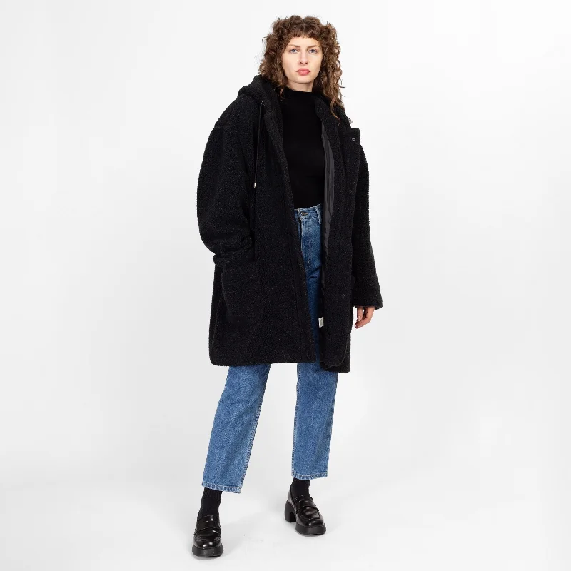 XL-XXL 90s Black Fleece Hooded Jacket A-Line Jacket Boat Neck Shawl Collar