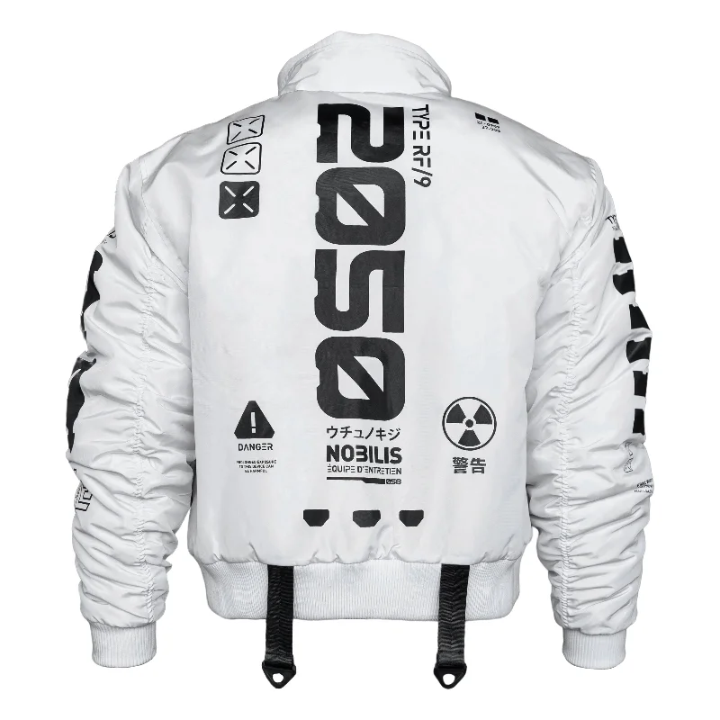 Y-2050 White Short Bomber Jacket Stand-Up Collar Roll-Neck Collar Turtle Neck