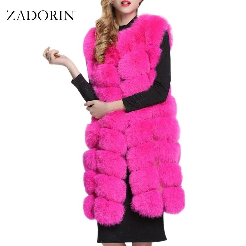 ZADORIN 90cm Luxury Women Faux Fur Jackets Sleeveless Slim Long Faux Fur Vest Gilet Furry Warm Winter Overcoat Women Plus Size Cotton Fabric Linen Fabric Terry Fabric