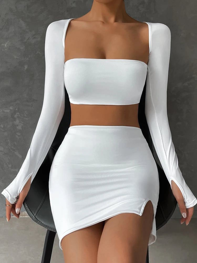 Sexy White Mini Dress Set 2024 Long Sleeve Top Summer Skirts Suits Bodycon Dress Casual Button-Up Mini Dress