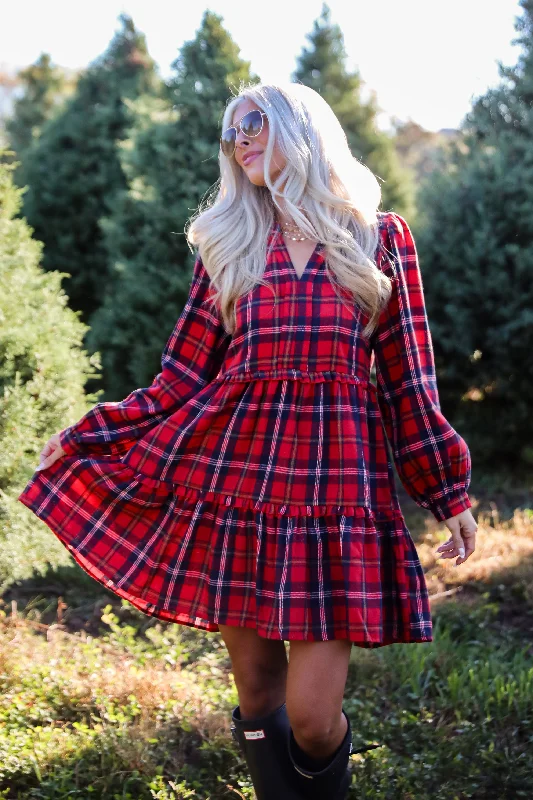 Adorably Demure Red Plaid Tiered Mini Dress Trendy Off-Shoulder Dress Mini