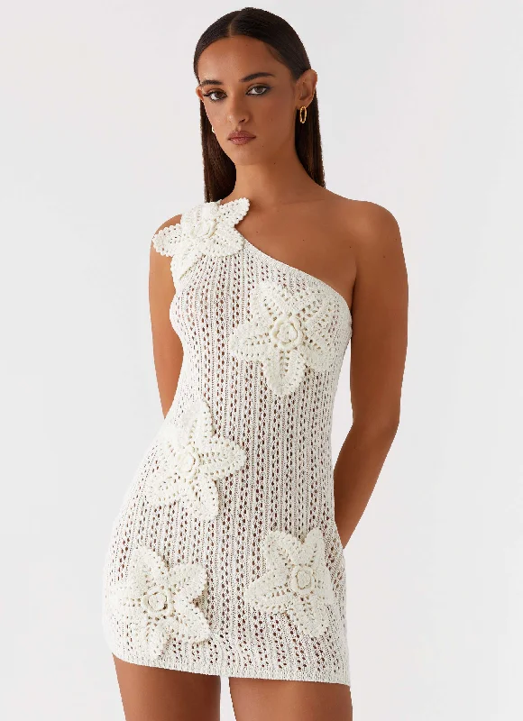 Afterglow One Shoulder Crochet Mini Dress - Ivory Stylish Button-Down Mini Dress