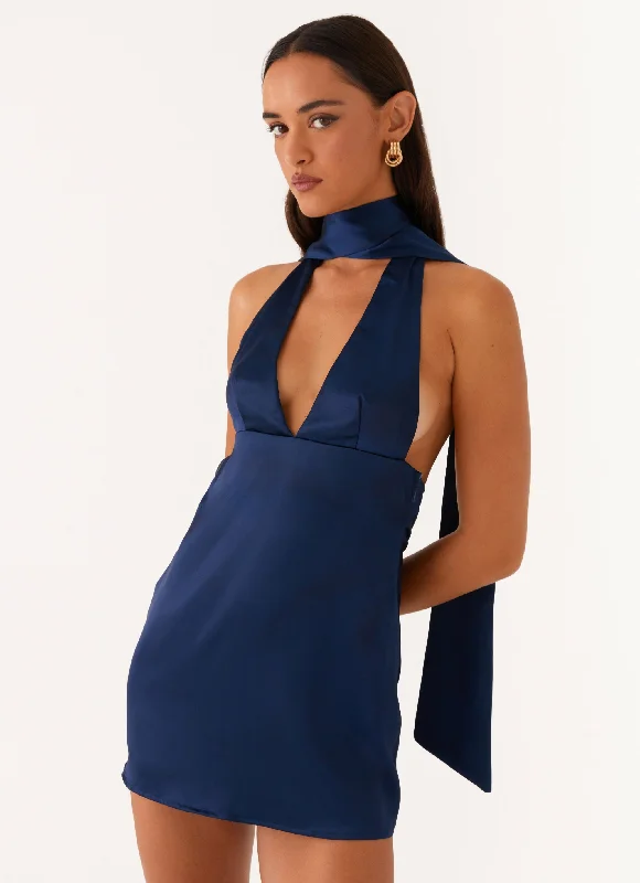 Alicia Satin Halter Mini Dress - Navy Fashionable Mini Dress with Slits