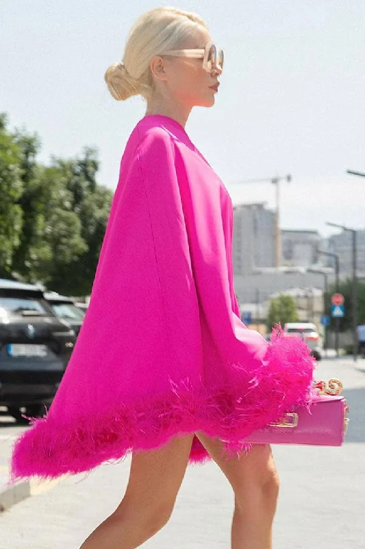 Asymmetrical One Shoulder Feather Trim A Line Party Mini Dress - Hot Pink Chic Pleated Mini Dress