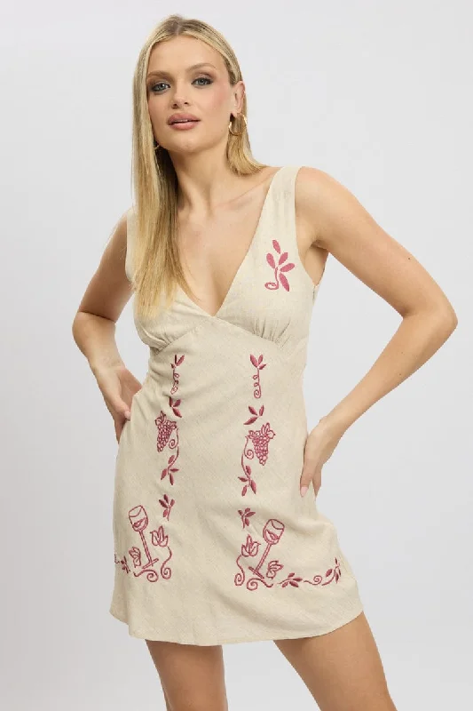 Beige Mini Dress V Neck Embroidery Stylish Button-Down Mini Dress