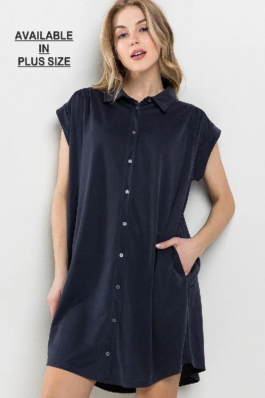 BLACK COLLARED WITH SIDE POCKETS PLUS SIZE MINI DRESS PDC50723SA Comfortable Fit-and-Flare Mini Dress
