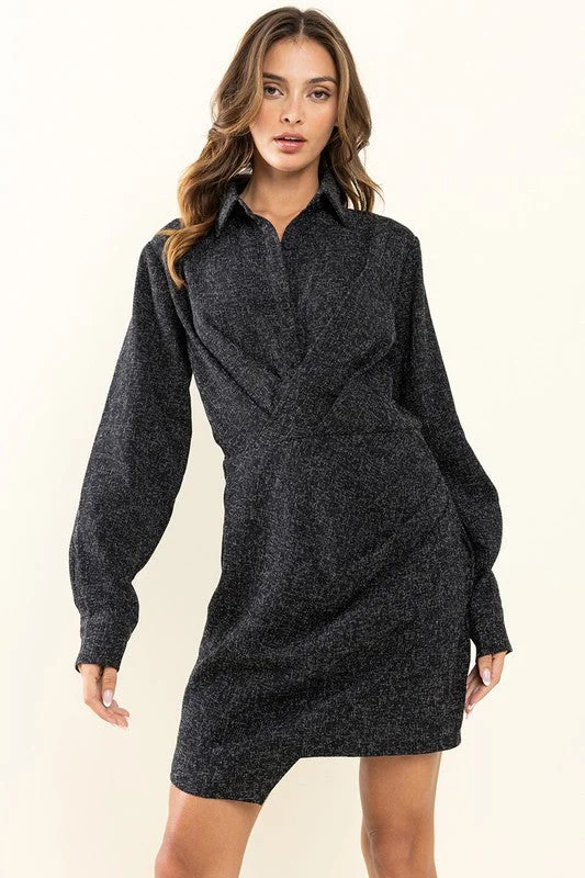 BLACK  COLLARED WRAP MINI DRESS DNI51672 Casual Button-Up Mini Dress