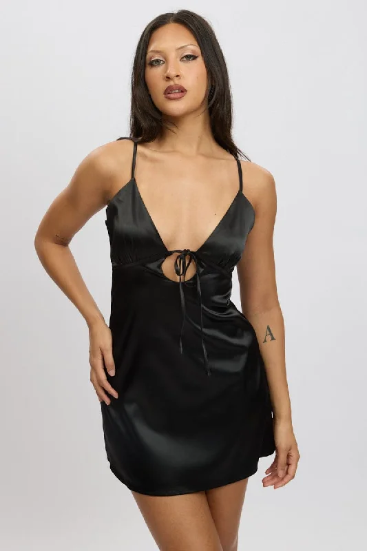 Black Mini Dress Front Tie Strappy Satin Trendy Cut-Out Mini Dress