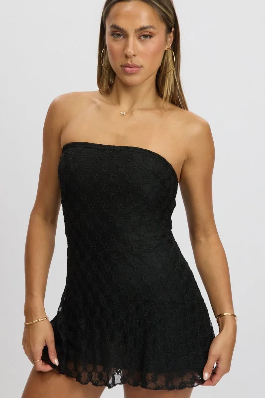 Black Mini Dress Strapless Lace Chic Bohemian Mini Dress