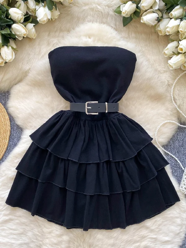 Black Strapless Belt Ruffles Short Mini Dress Chic Sleeveless Mini Dress