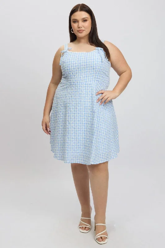 Blue Check Gingham Embroidered Mini Dress Cozy Knitted Mini Dress