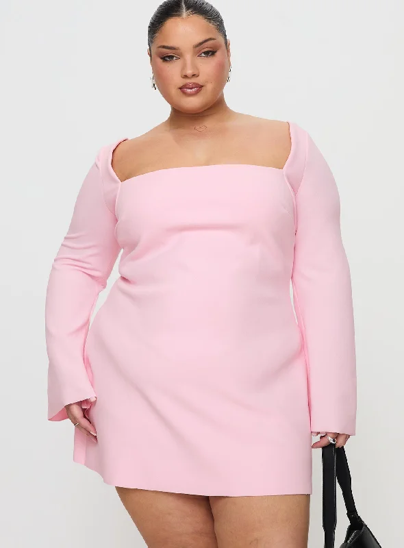 Bombshell Long Sleeve Mini Dress Pink Curve Comfortable Fit-and-Flare Mini Dress