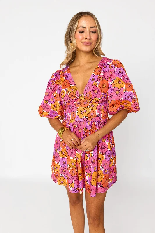 Bonnie Puff Sleeve Mini Dress - Tangerine Casual V-Neck Mini Dress