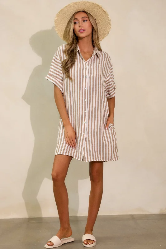 Chasing Joy Taupe Stripe Button Front Mini Dress Classic Floral Print Mini Dress