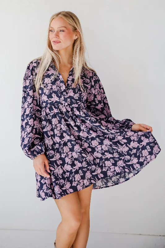 Chic Sense Navy Floral Babydoll Mini Dress Cozy Ruched Mini Dress