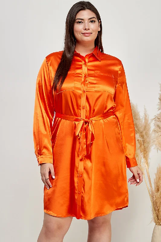CORAL SATIN BUTTON-DOWN WAIST-TIE PLUS SIZE MINI DRESS AVD51629WX Chic Sleeveless Mini Dress