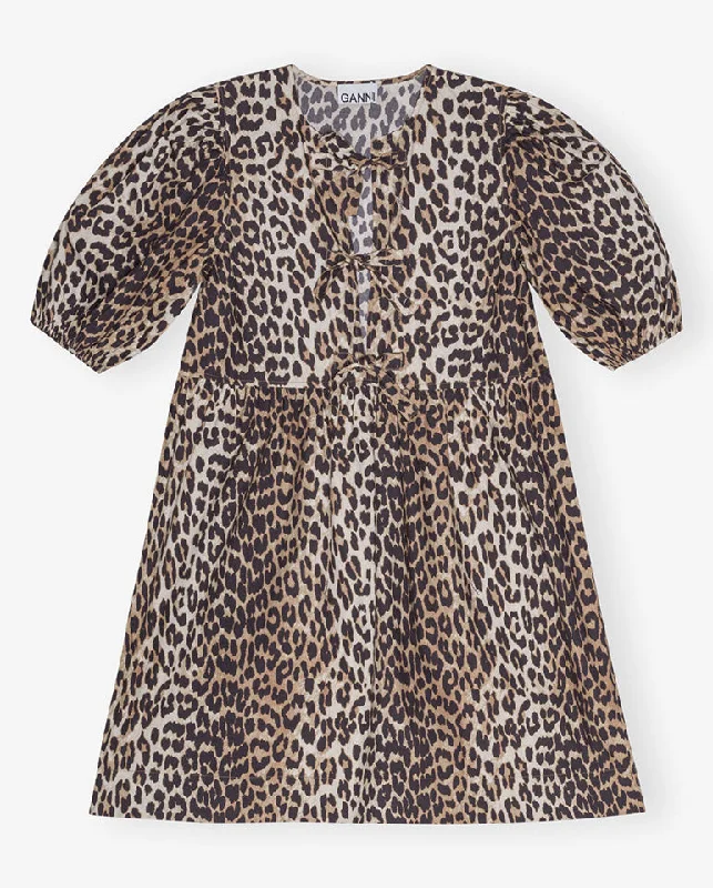 Cotton Tie String Mini Dress Leopard Elegant Lace-Up Mini Dress