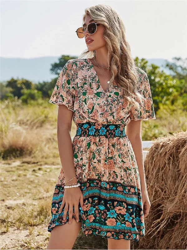 BerriesJam - Countryside Bohemia Floral Mini Dress Fashionable Denim Mini Dress