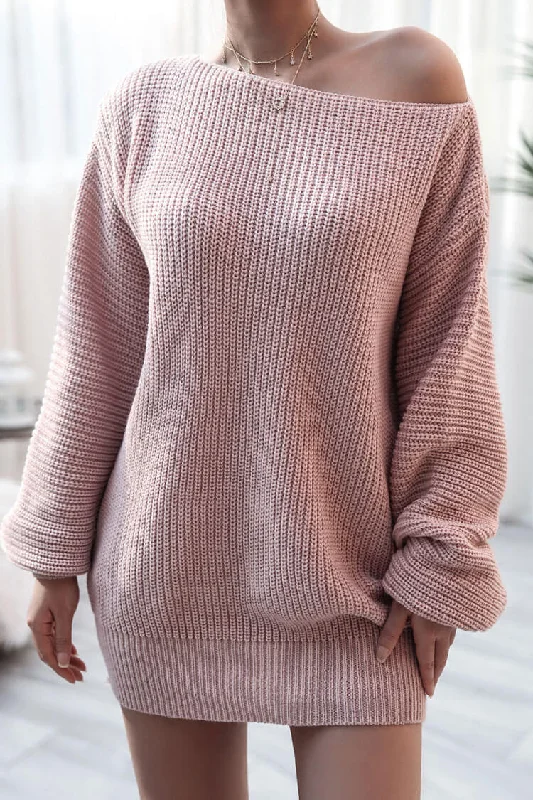 Cozy Winter Boat Neck Long Sleeve Textured Sweater Mini Dress - Pink Classic Floral Mini Dress