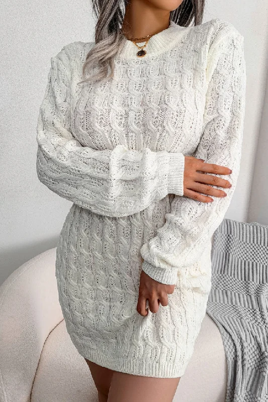 Cozy Winter Fisherman Cable Knit Bodycon Sweater Mini Dress - White Chic Bohemian Mini Dress