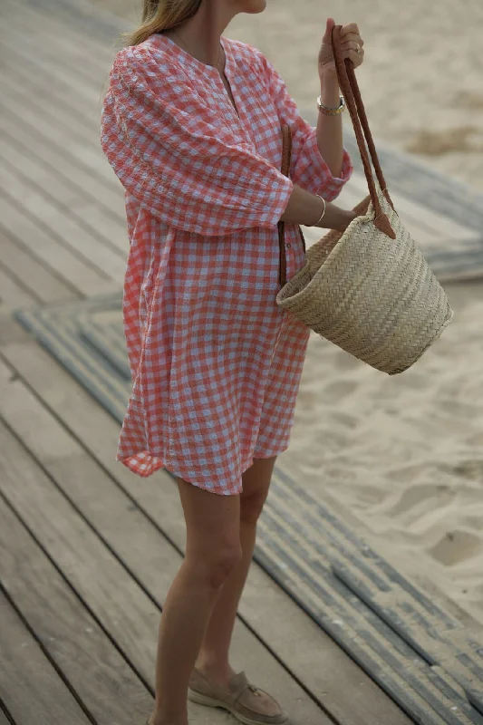 Crinkle Mini Dress - Coral/White Cozy Cotton Mini Dress