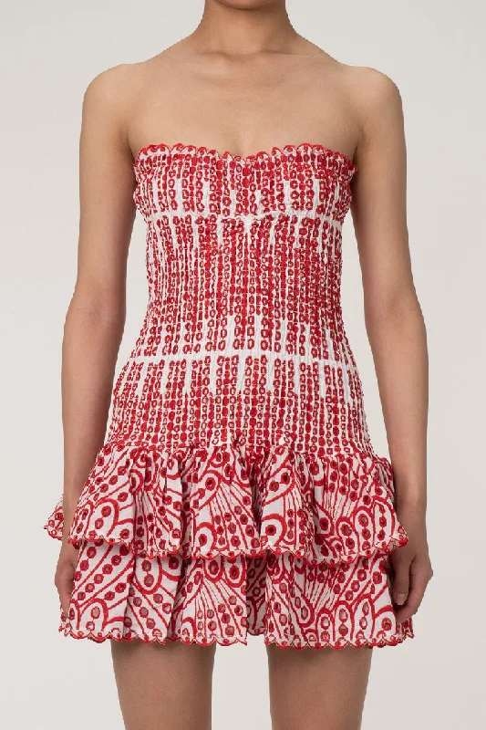 Cute Scalloped Strapless Smocked Broderie Anglaise Tiered Ruffle Mini Dress Cozy Knit Mini Dress