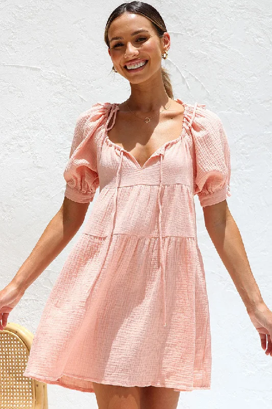 Cute Tie Neck Puff Sleeve Crinkled Cotton Blend Babydoll Mini Dress - Peach Pink Trendy Lace Mini Dress