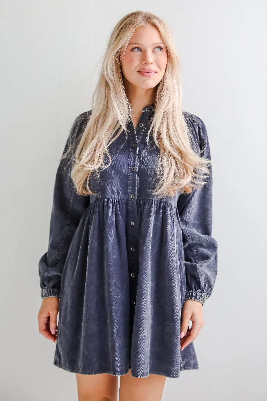 Cutest Expectation Charcoal Corduroy Babydoll Mini Dress Modern Satin Mini Dress