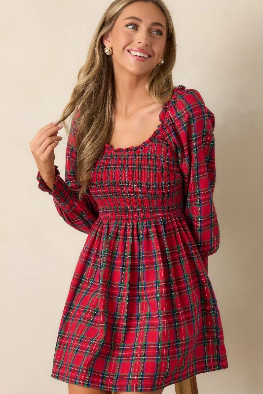 Dance With Me 100% Cotton Red Plaid Long Sleeve Mini Dress Fashionable Lace-Trim Mini Dress