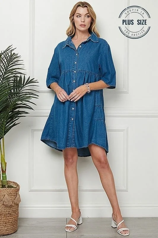 DENIM BLUE SHORT SLEEVES TURN DOWN COLLAR BUTTONED PLUS SIZE MINI DRESS CSP9216P Fashionable Polka Dot Mini Dress