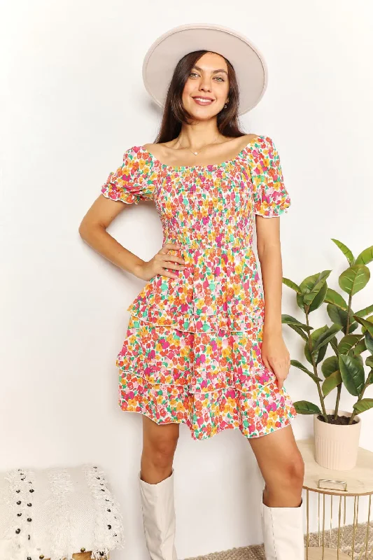 Devine Smocked Sweetheart Neck Flounce Sleeve Mini Dress Cozy Jersey Mini Dress