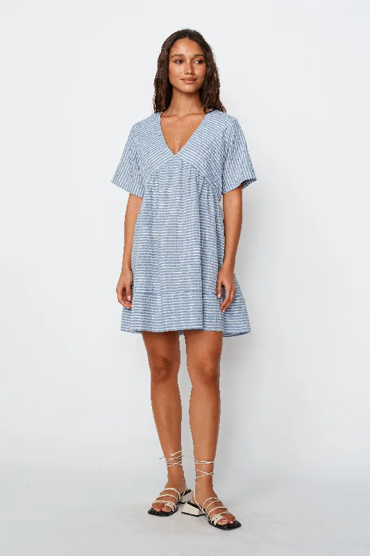 Dune Stripe Mini Dress - Blue / White Casual V-Neck Mini Dress