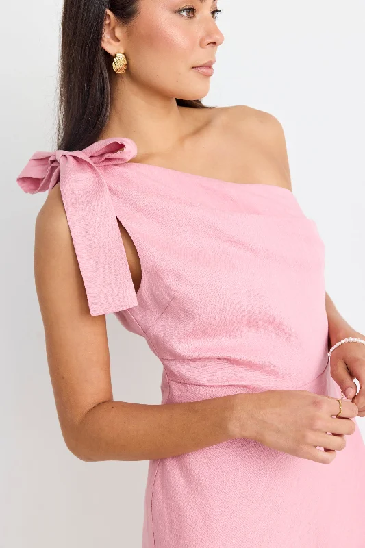 Ecstatic Blush Linen Blend One Shoulder Bow Mini Dress Chic Halter Mini Dress