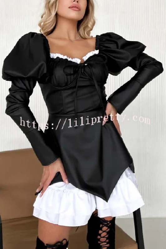 Fashionable Contrast Color Square Neck Long Sleeve Ruffle Hem Mini Dress Fashionable Summer Mini Dress