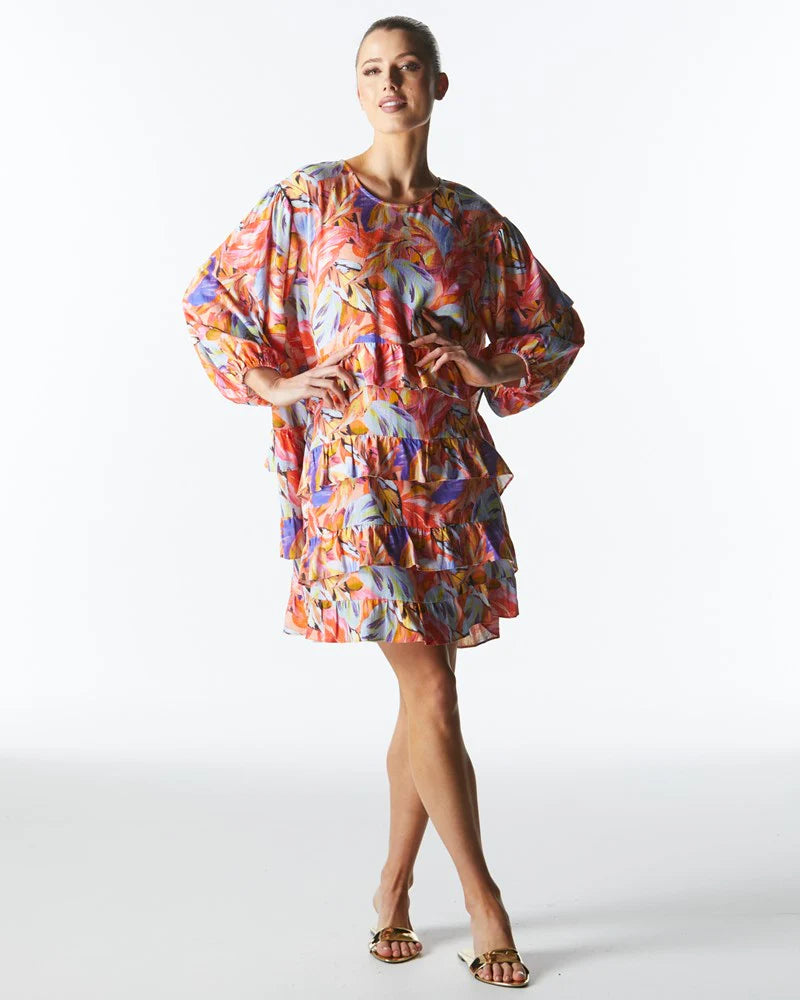 FATE+BECKER MIDSUMMER RUFFLE LONG SLEEVE MINI DRESS SUNSET PALM Stylish Ruffle Mini Dress