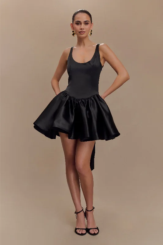 Felicia Satin Mini Dress With Bow - Black Elegant Satin Lace Mini Dress