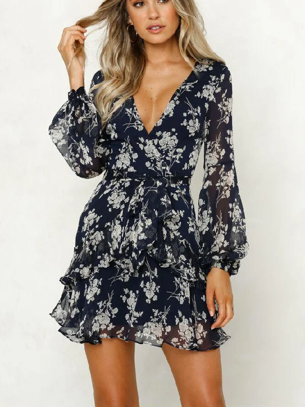 Floral Printed Surplice Neck Ruffled Mini Dress Chic Tropical Mini Dress